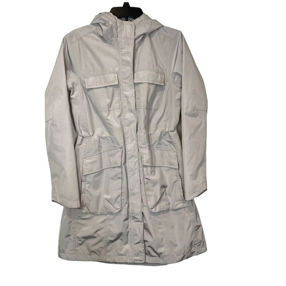 Athleta Hooded Rain Coat Lightweight Beige Longline Jacket ** Flaw ** Size XS